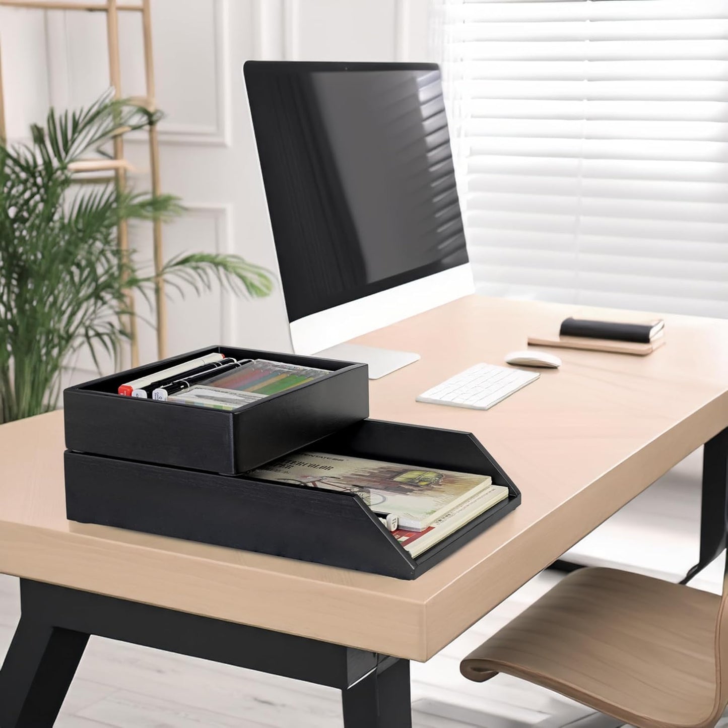 Demigo Desk Organizer Letter Tray Set of 2, Acacia Wood Tabletop Desktop for Storage Paper Letter Folders Notebooks Copy Print, Workspace Holder, Keep Stationery Saver (Black)