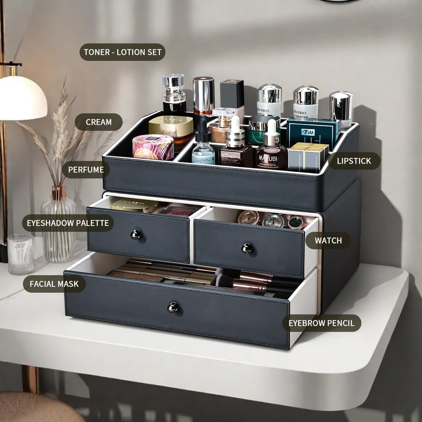 KINGFOM 2 Tier PU Leather Makeup Organizer with 3 Drawers, Cosmetic Storage Organizers for vanity Dresser Countertop and Bathroom Vanity, Beauty Holder for Lipstick Brush Skincare (Black)