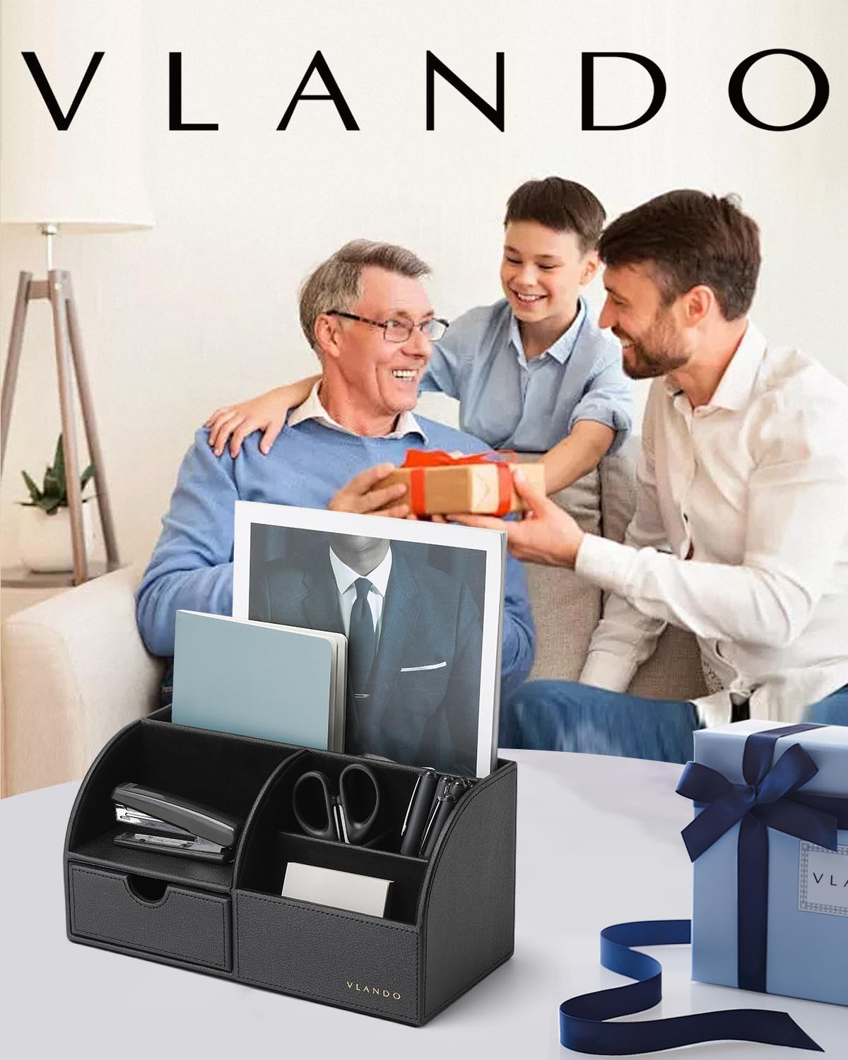 Vlando Office Supplies Desk Organizer Caddy, Desktop Hanging File Letter Document Storage Holder with Drawer Organizer Section for Office Home (Black)