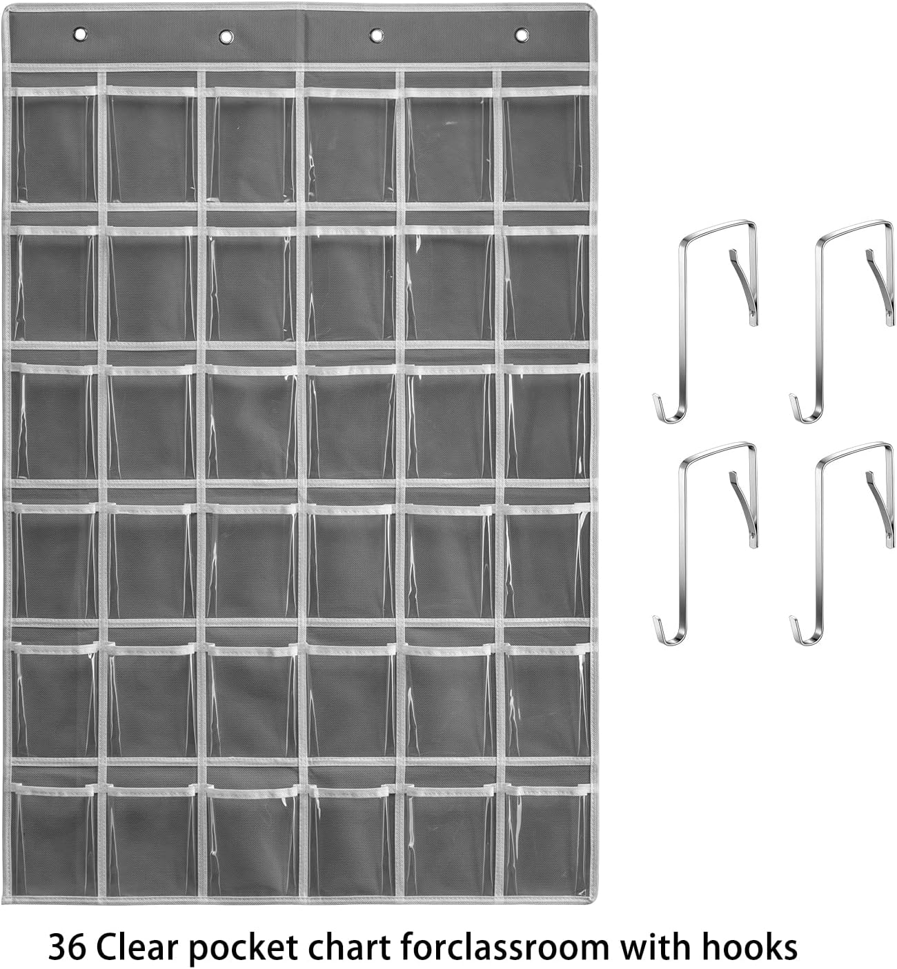 36 Clear Pockets Classroom Pocket Chart for Cell Phones and Calculator Holder, Pocket Chart for Classroom Phone Holder with Number Stickers and Hooks (Grey)