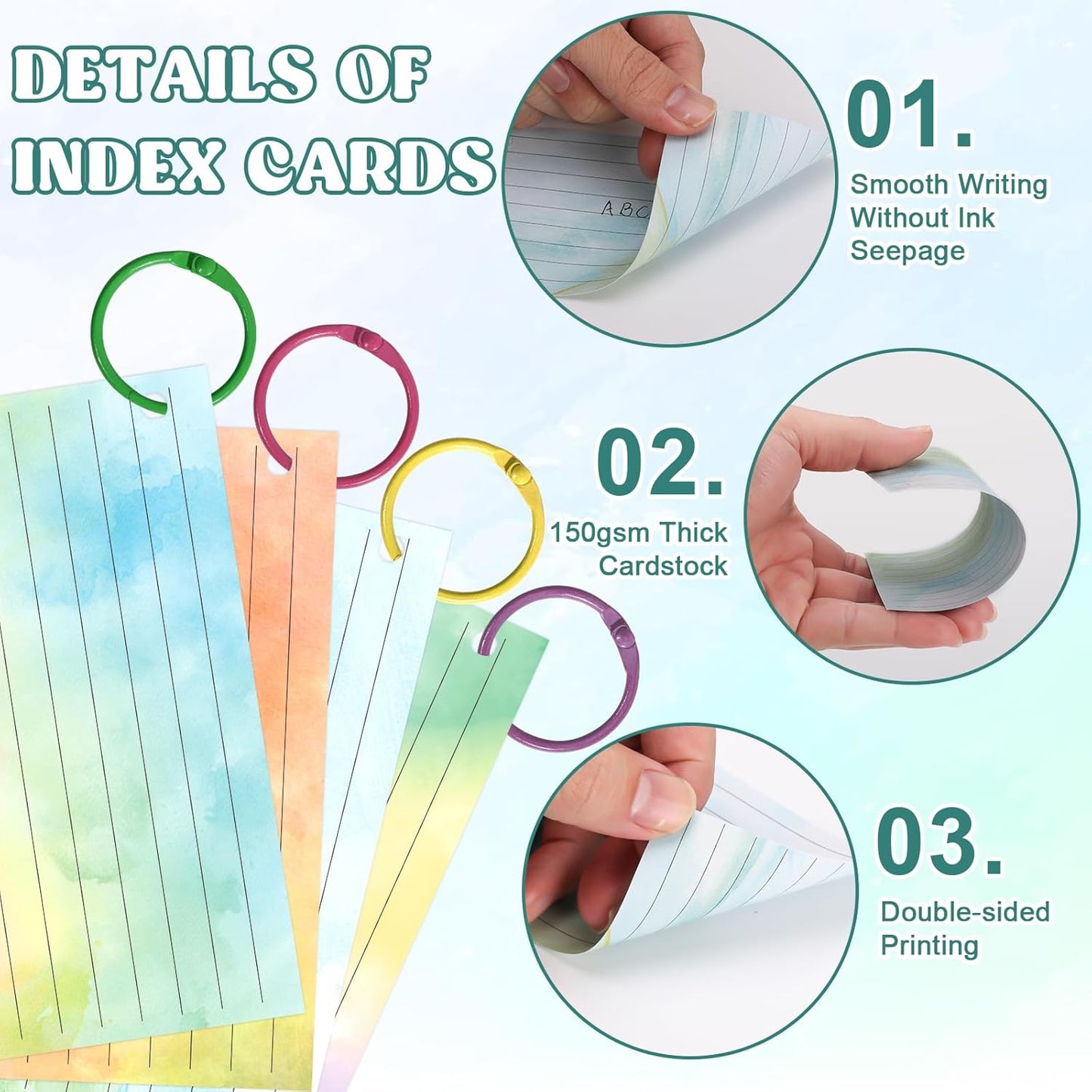 500 PCS Colored Index Cards with Hole Lined Flash Cards with Binder Rings Watercolor Notecards with Rings 3x5 Study Cards Flashcards for Home School Office Supplies