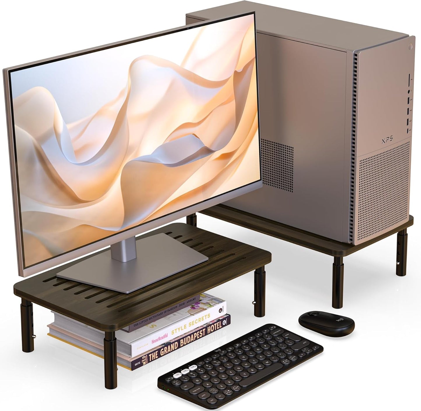 2 Pack Bamboo Monitor Stand Riser, 4 Adjustable Height, Laptop Stand with Airflow Vents, Desk Organizer for Computer, PC, Printer (Wenge)