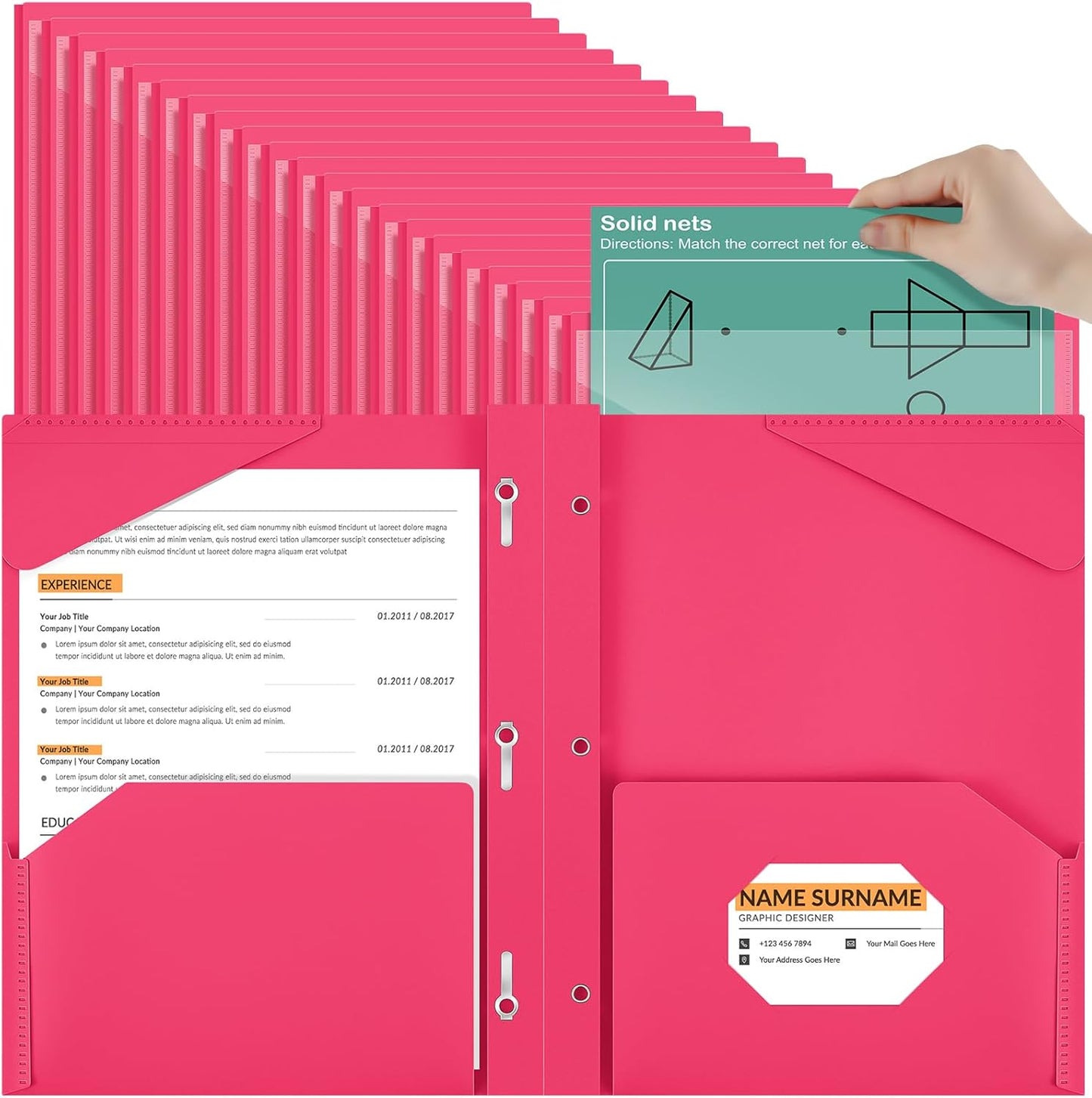 Henoyso 72 Pcs Plastic Folder with Clear Front Pocket and 3 Prong Plastic Folders with Card Slot Pocket Folders with Prongs for School Office (Rose Pink)