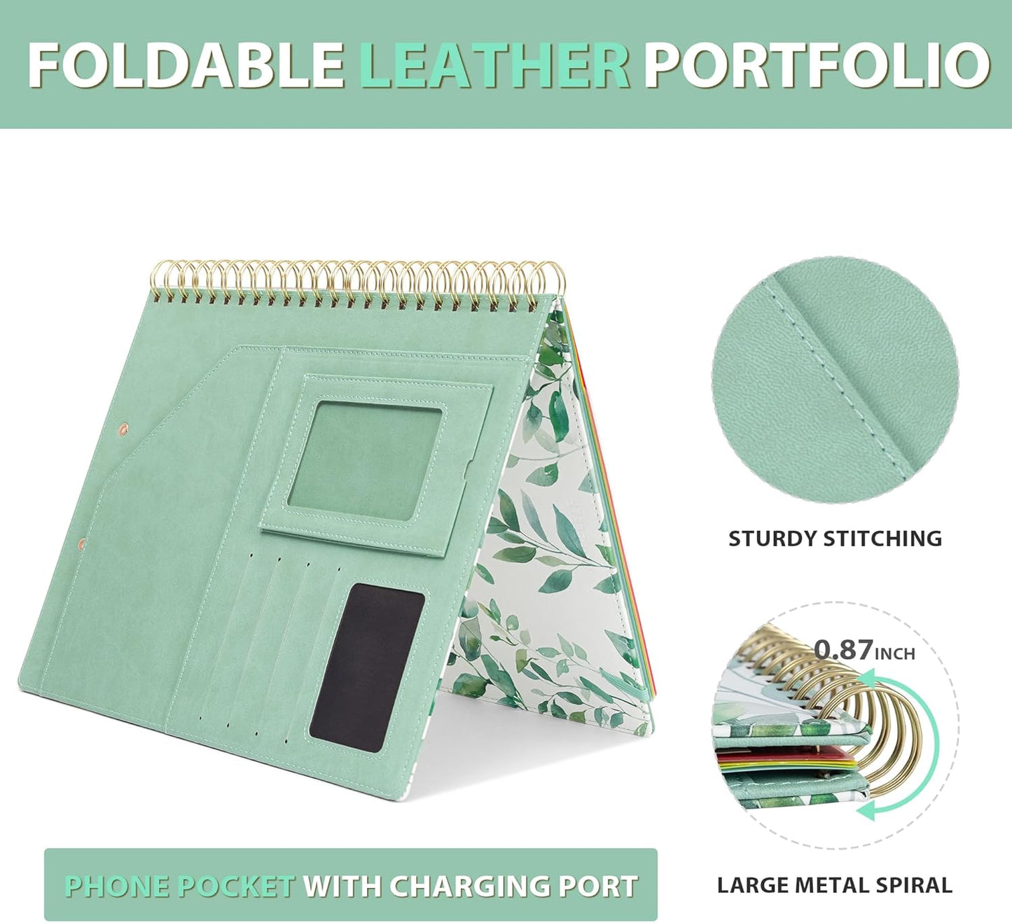 Clipboard with Storage for Men Women, Leather Padfolio Portfolio Organizer 5 Folders with 10 Pockets, Spiral Clipboard Folio with Notepad for Letter Size, Elastic Closure and Pen Loop Green Plants