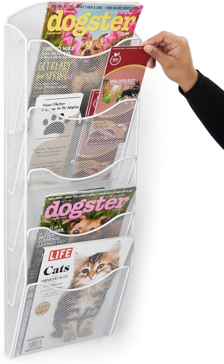 Displays2go Single & Multi-Tiered Metal Mesh Literature Wall Rack, 5-10 Pockets - White (MSHWHL5WHT)