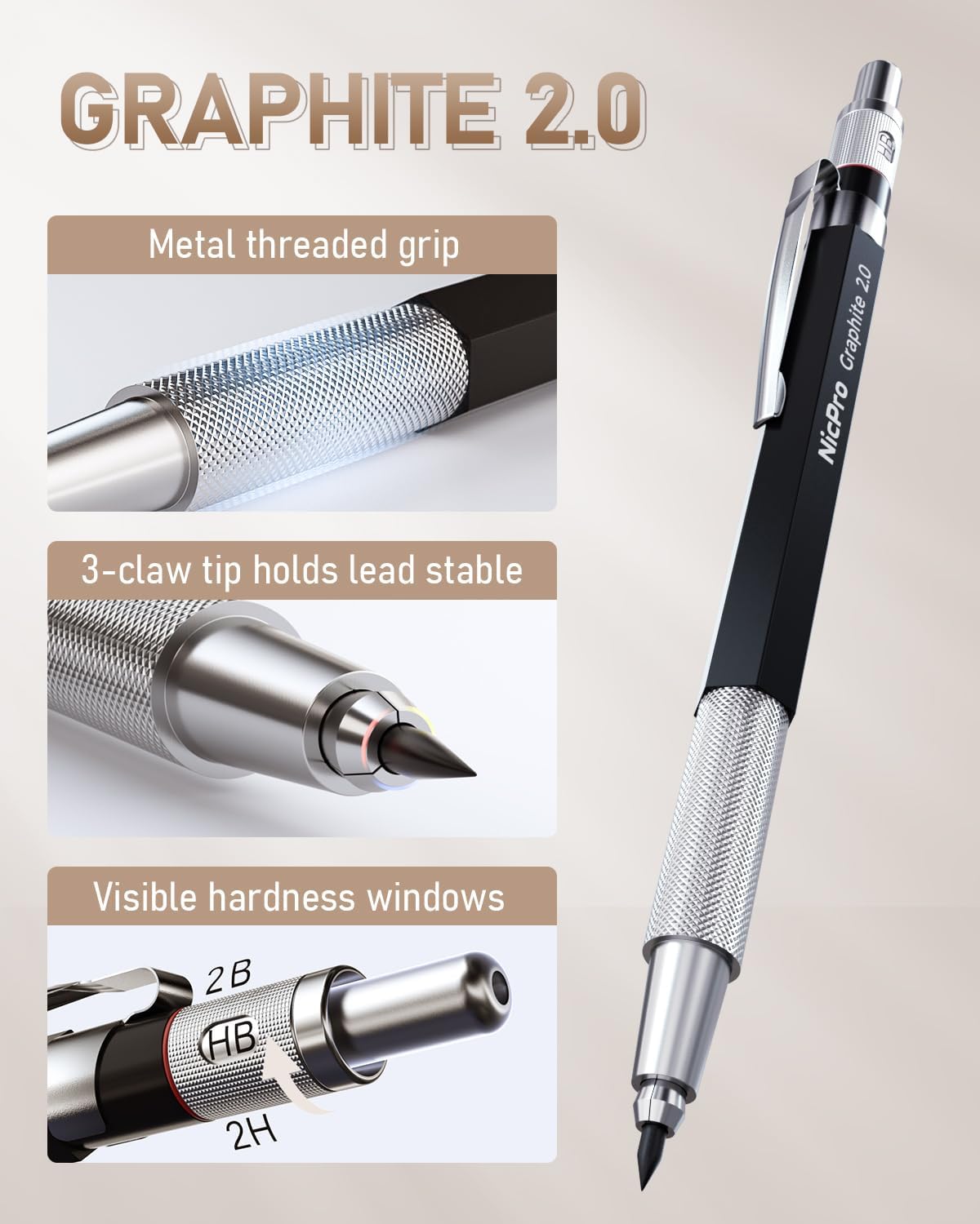 Nicpro 30PCS Art Mechanical Pencil Set in Leather Case, Metal Drafting Pencil 0.5 mm, 0.7 mm, 0.9 mm & 3 PCS 2mm Lead Holders for Sketching Drawing With 16 Tube (6B 4B 2B HB 2H 4H Colors) Lead Refills