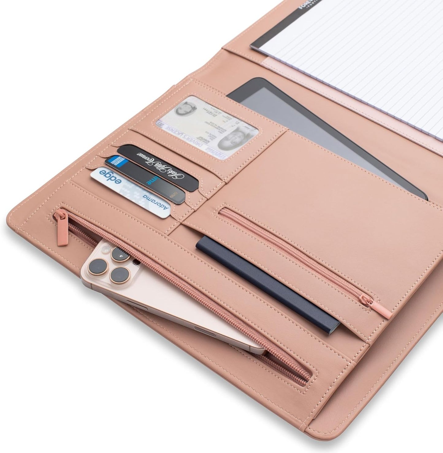 Padfolio Binder Organizer for Women | Faux Leather Portfolio Folder for Resume, Documents, Notebook, Tablet and Business Cards | Notepad Included - Pink