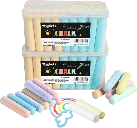 novelinks Sidewalk Chalk Set 108 Pack 10 Color Washable Non-Toxic Drawing Set For Schools Durable Jumbo Drawing Chalk for Outdoor Art Play