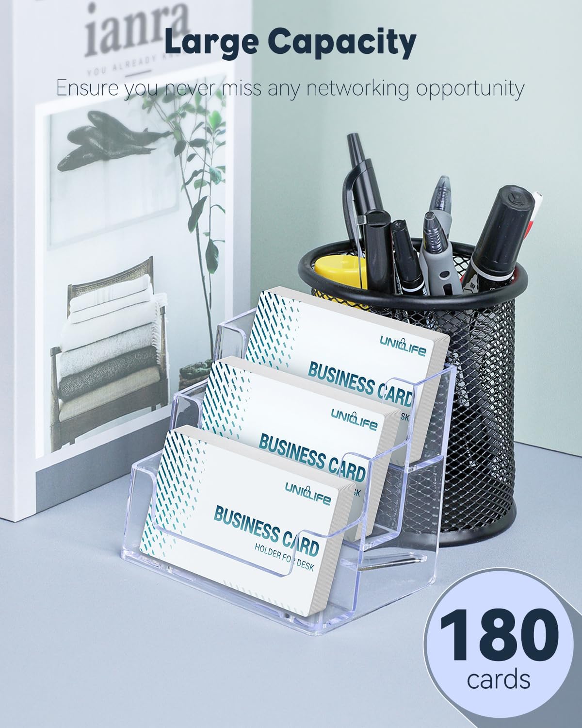 Uniclife 4 Pack Acrylic Business Card Holder for Desk 3 Slots Clear Business Card Display Stand for Men & Women Desktop Business Card Organizer Card Stand for Office Home Exhibition, 180 Card Capacity