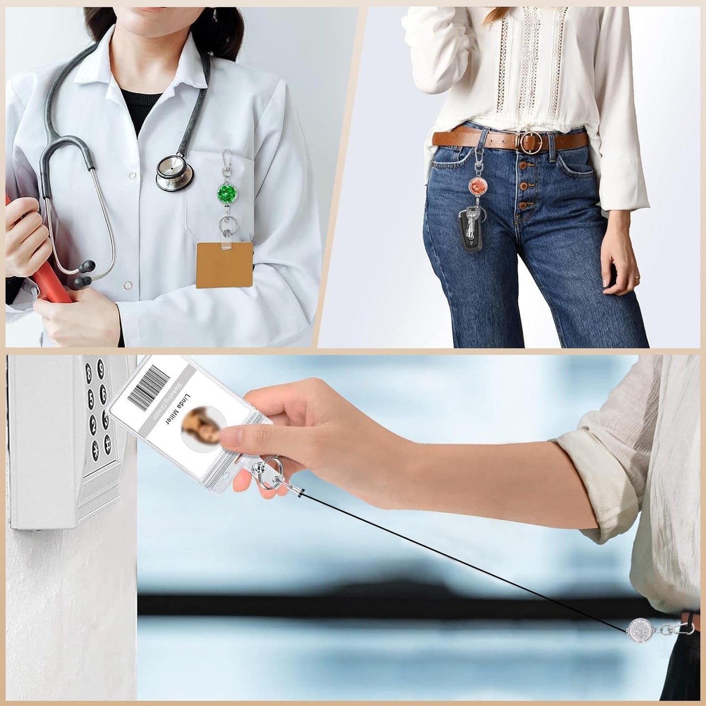 bolimoss Retractable Keychain for Badge Holder Metal Badge Reel with Carabiner Clip Key Ring, Glittery Retractable Badge Holders for Nurse,Volunteer,Teacher,Student (3 Pack Bling Pink, Silver, Green)