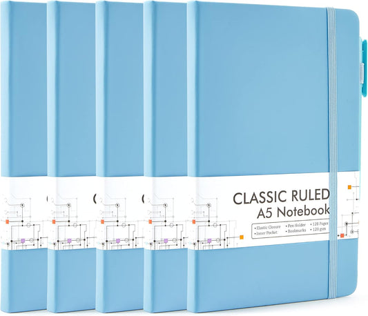feela 5 Pack Notebooks Journals Bulk, Hardcover Classic Ruled Lined Journals with Pen Holder for Women Girls School Business Supplies, with 5 Black Pens, 120 GSM, 5.1”x8.3”, A5, Blue