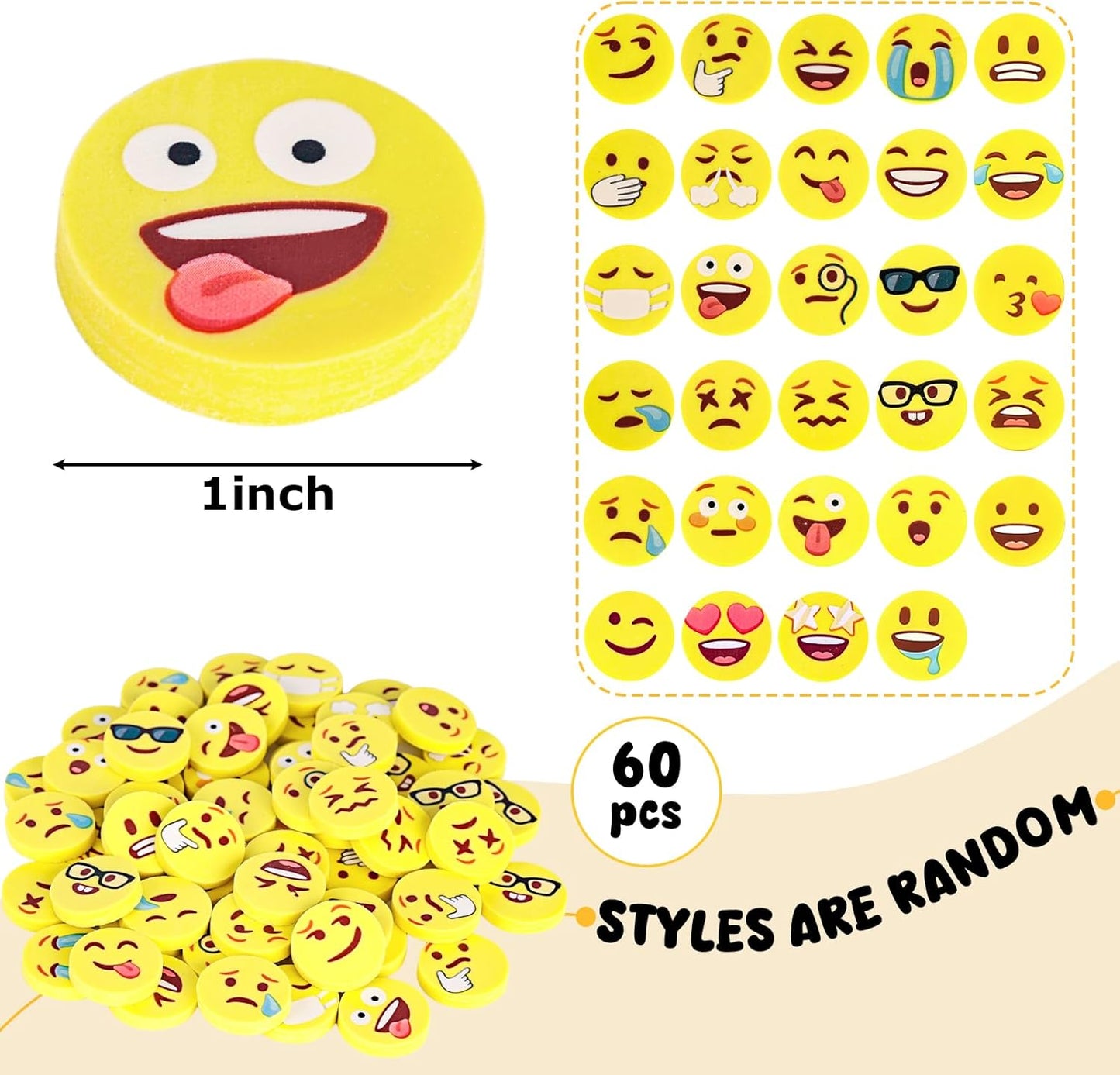 LovesTown Mini Erasers Bulk for Kids, 60 Pcs Fun Mini Cute Erasers for Back to School, 1inch Small Fun Emoticon Round Eraser for Classroom Rewards Gift Bag Filler, Students, Carnival Prizes