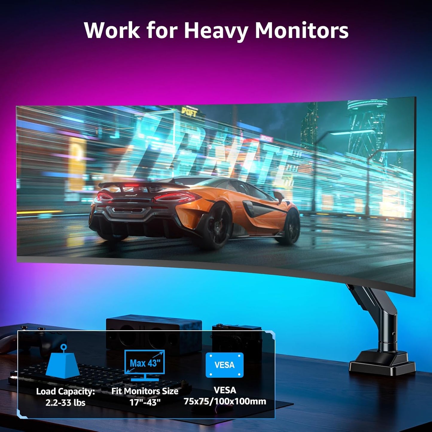 MOUNTUP Ultrawide Monitor Arm for 17-43 inch Curved Screen, Holds 2.2 to 33 lbs, Heavy Duty Monitor Desk Mount, Adjustable Gas Spring Arm, Computer Monitors Stand for Desk, VESA Mount