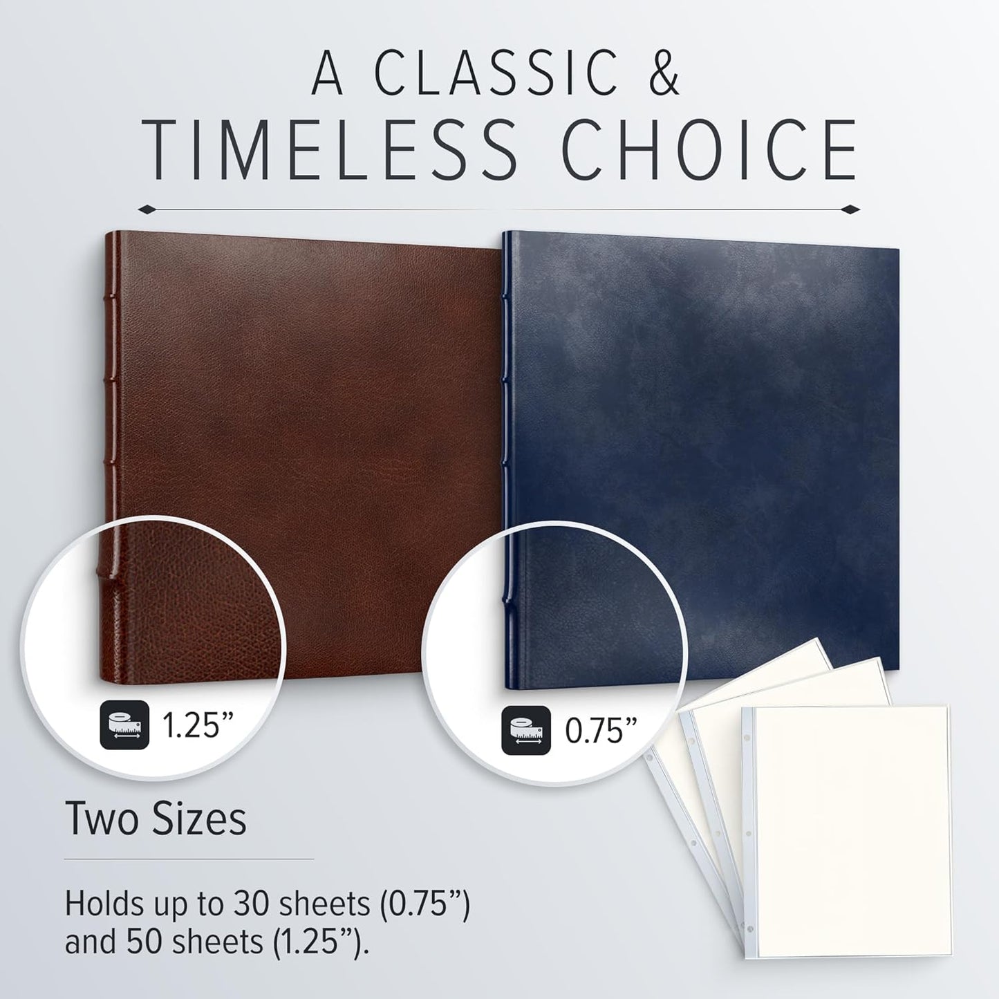 Gallery Leather 3 Ring Binder with Plastic Sleeves, Includes 10 Sheets, Sheet Size: 8.5" x 11" - Presentation Binder Rings with Window and Hubbed Spine, Thick: 0.75" Belfast Black