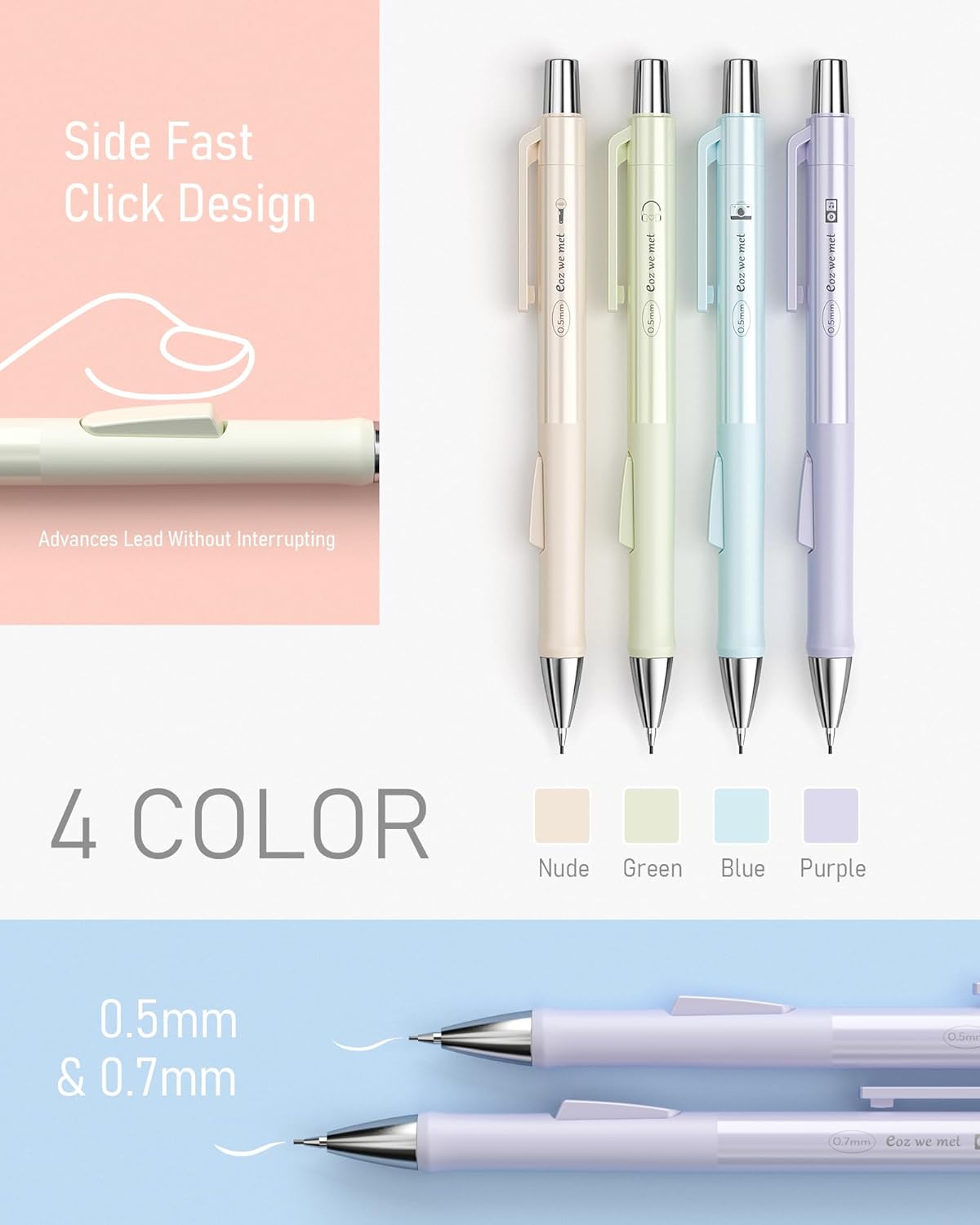 Nicpro 4 PCS Pastel Mechanical Pencil 0.7mm, Cute Fast Click Mechanical Pencils Set with 8 Tubes HB Lead Refills, Erasers, Eraser Refills for School, Student Writing, Drawing, Sketching - with Case