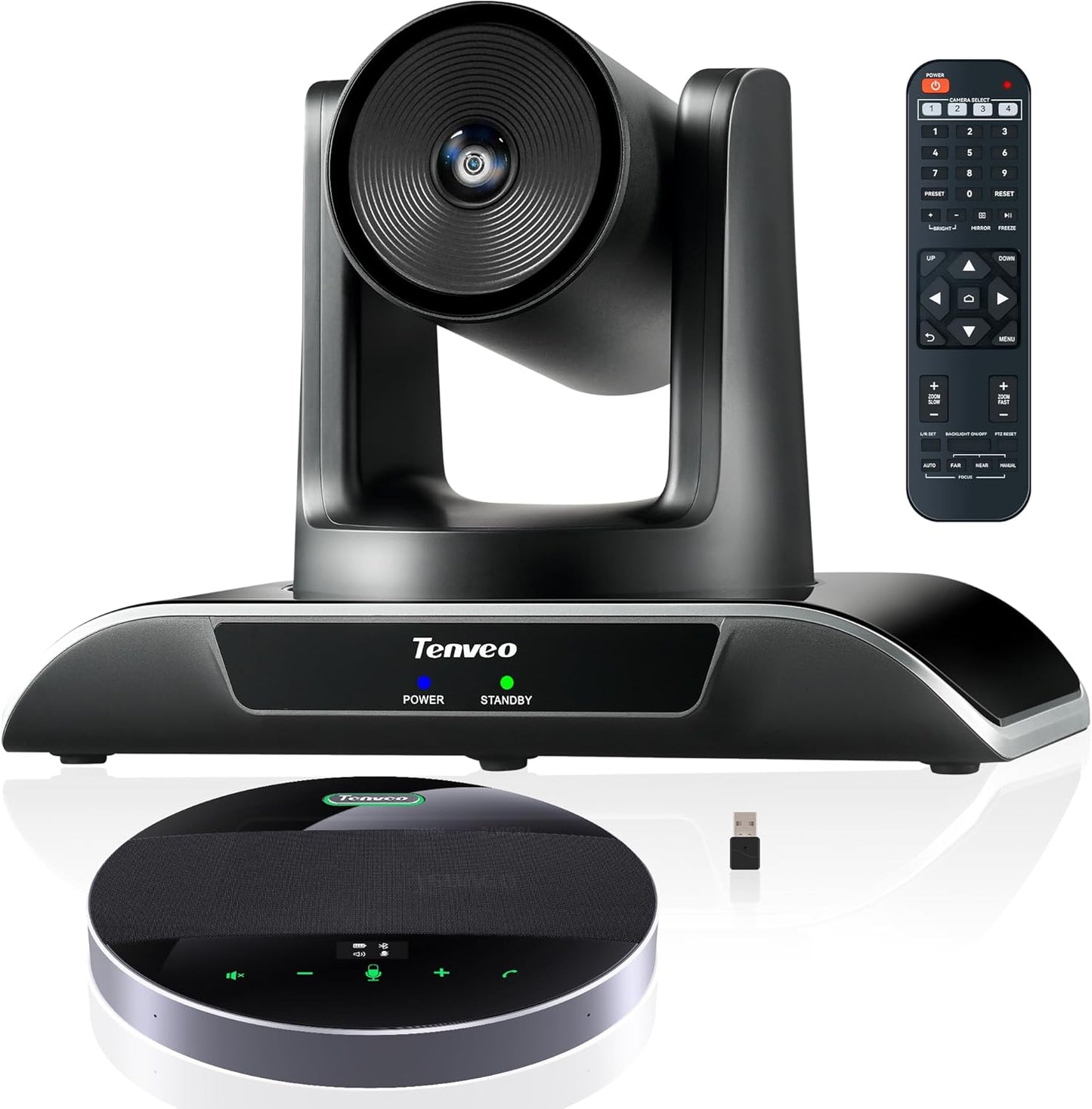 Tenveo All-in-One Conference System 3X Optical Zoom PTZ Camera and MagiCall Bluetooth Speakerphone Upgraded System Audio and Video Output USB3.0/HDMI/RS485/RS232 Works with Zoom OBS for Large Meeting