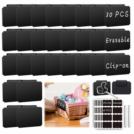 81-Piece Set of Basket Labels Clip On For Storage Bins: 30 Erasable Plastic Kitchen Pantry Labels, 48 Removable PVC Tag Stickers, 3 White Chalk Markers, For Organization Container, Jar, Shelf, Laundry