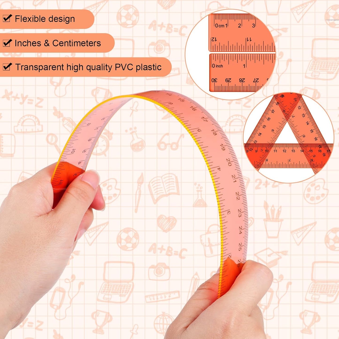Zonon 2 Pack 12'' Plastic Ruler and 6'' Plastic Protractor Set Clear Ruler Protractor Set Math Geometry Supplies for School Classroom Home Office Drawing(Orange)