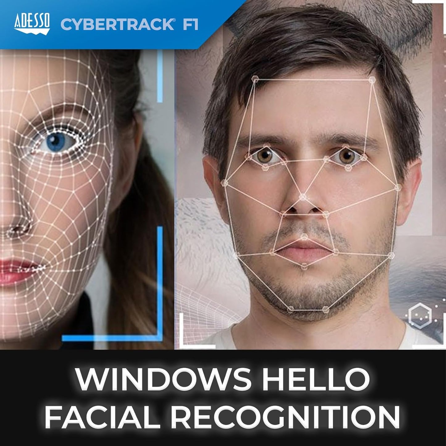 ADESSO CyberTrack F1 1080P HD Fixed Focus USB Windows Hello Webcam, Camera for Desktop PC Built-in Dual Microphone, Privacy Shutter, Audio/Video Mode Privacy ON/Off Switch & Tripod Mount