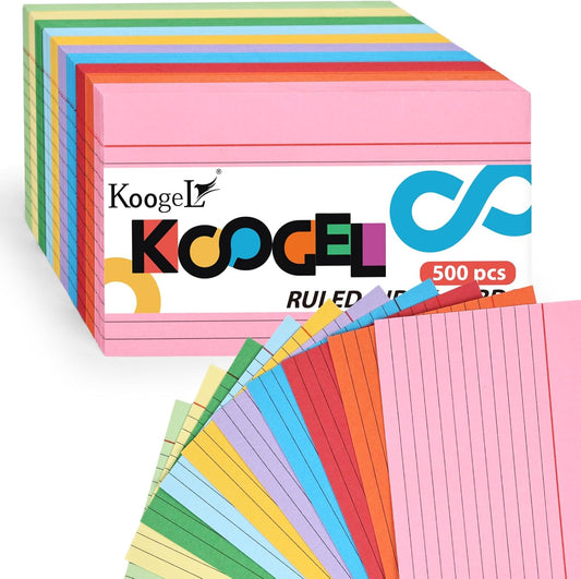 Koogel 500PCS Index Cards 3x5, Colored Lined Ruled Flash Cards for Back to School, Heavy Notecards for Studying School Home College Office Note Taking, To Do List Supplies, 10 Colors