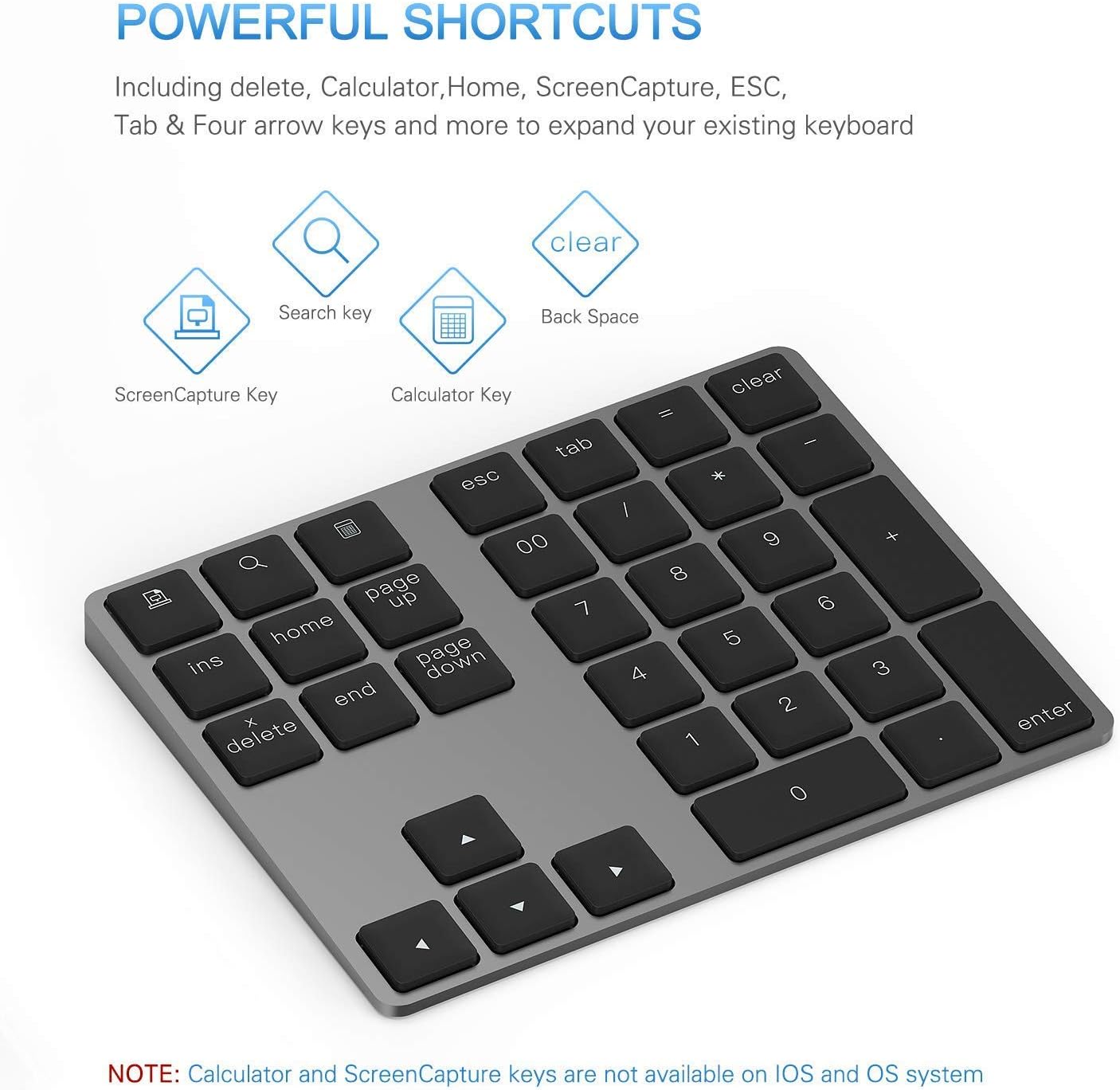 Bluetooth Number Pad, Lekvey Aluminum Rechargeable Wireless Numeric Keypad Slim 34-Keys External Numpad Keyboard Data Entry Compatible for Macbook, MacBook Air/Pro, iMac Windows Laptop Surface Pro etc