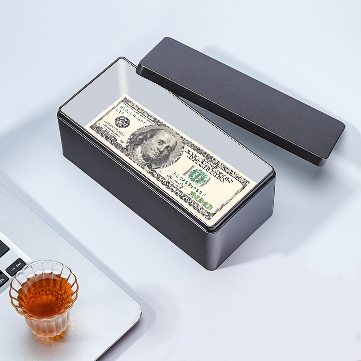 Black Metal Cash Box Money Holder Money Box for Cash Single Row Currency Tray Money Storage Box with Lid Cash Organizer Money Saving Organizer Money Gift Box Organizer, 7.28 x 3.35 x 2.76 inch