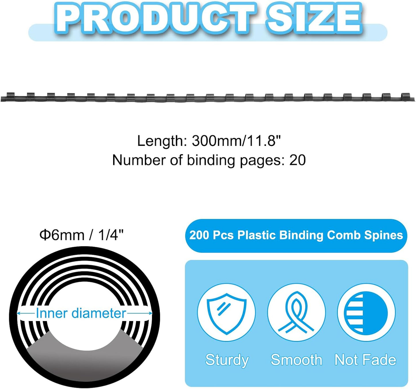 PATIKIL 6mm (1/4") Plastic Binding Combs, 200 Pcs 21 Rings Comb Binding Spines 20 Sheet Capacity Letter Size for Binding Paper Sheets Notebook Calendar Picture Album, Black