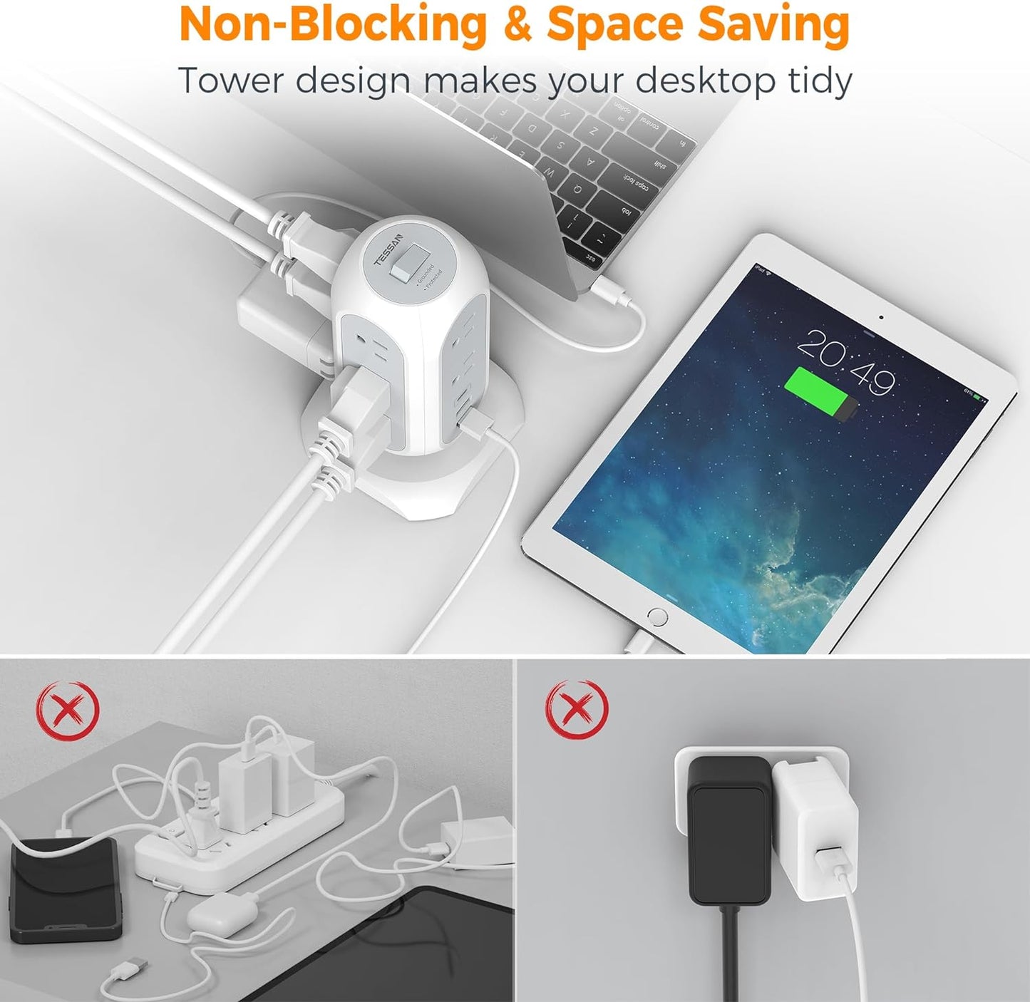 Tower Power Strip Flat Plug with 11 Outlets 3 USB (1 USB C), TESSAN Surge Protector Tower 1625W/13A,1050J Protection, 6 Feet Extension Cord with Multiple Outlets, Office Desk Supplies, Dorm Essentials