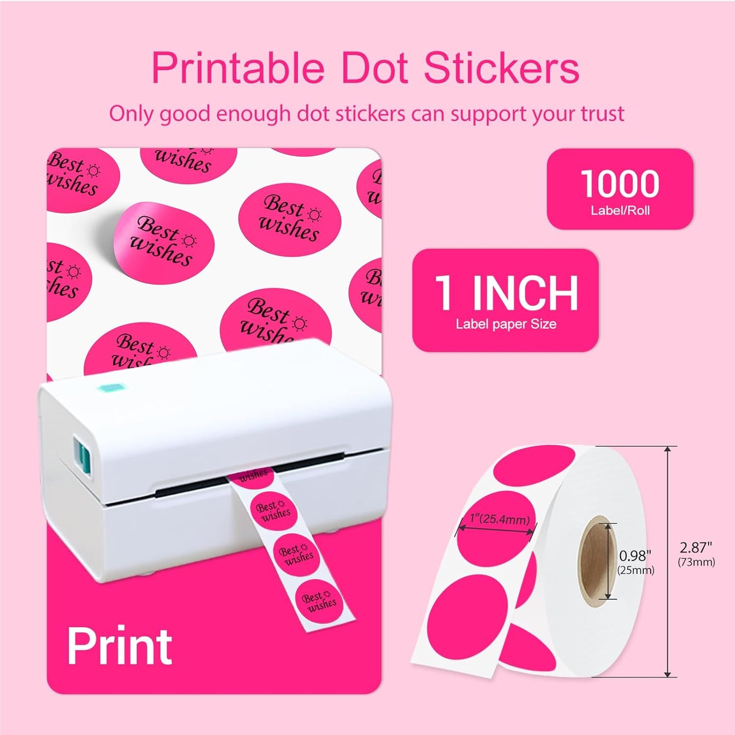 1 Inch Circle Dot Stickers 1000 PCS Color Coding Thermal Labels Dots Writable Printable Small Round Stickers for Office, Classroom, Inventory, Garage, Organizing Storage, Fluorescent Pink