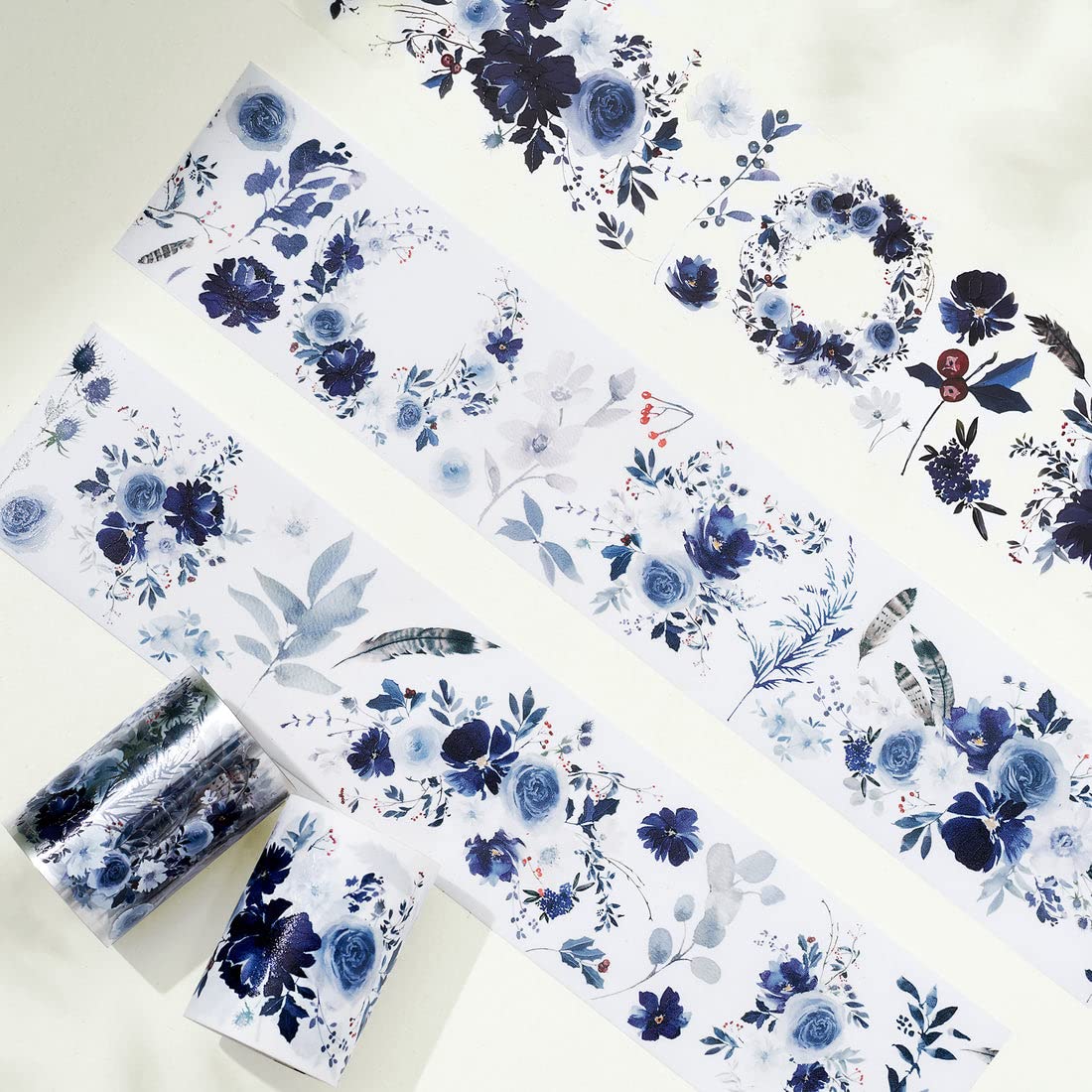 WT Winter Romance Wide PET Tape, 60mm Wide, Single Roll, Floral Decorative Paper Tape, Original Designs for Journaling, DIY Crafts, Planners, Scrapbooks, Card Decoration, Watercolor Blue Flowers