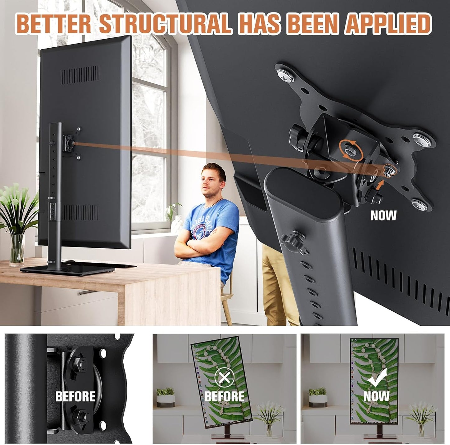 Single Monitor Stand Freestanding 27-43 Inch Monitor Arm Curved Screen Monitor Mount Tempered Glass Base Adjustable Motion Tilt -15° to 10° Swivel ±45° Rotation 360° Weight Capacity 77lbs HT05B-003