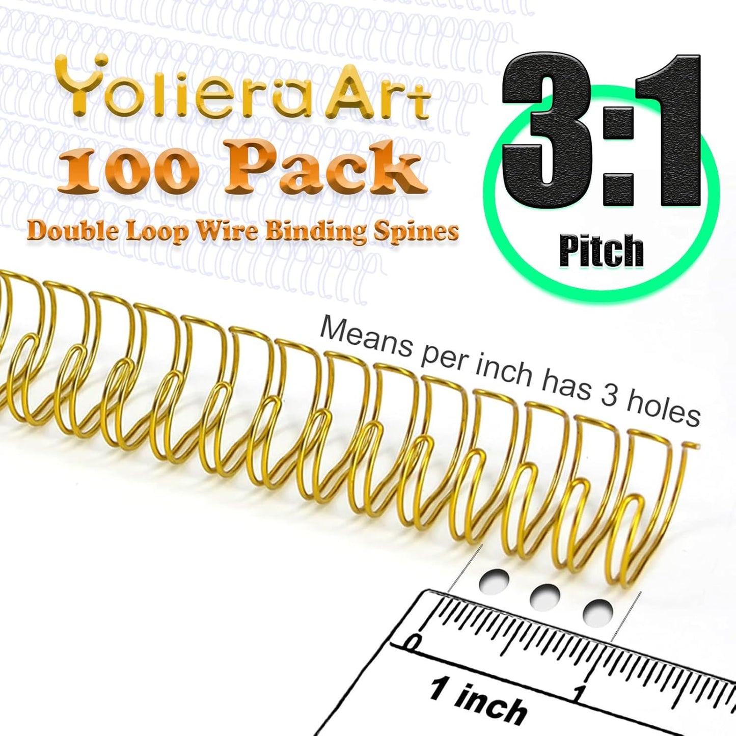 3 to 1 Pitch Twin Loop Wire Binding Spines, 3/8 Inch Book Binder Combs, 100 Pack Spiral Binding Coils for Booking Binder Machine, Students and Coworkers (60 Sheet Capacity,Gold)
