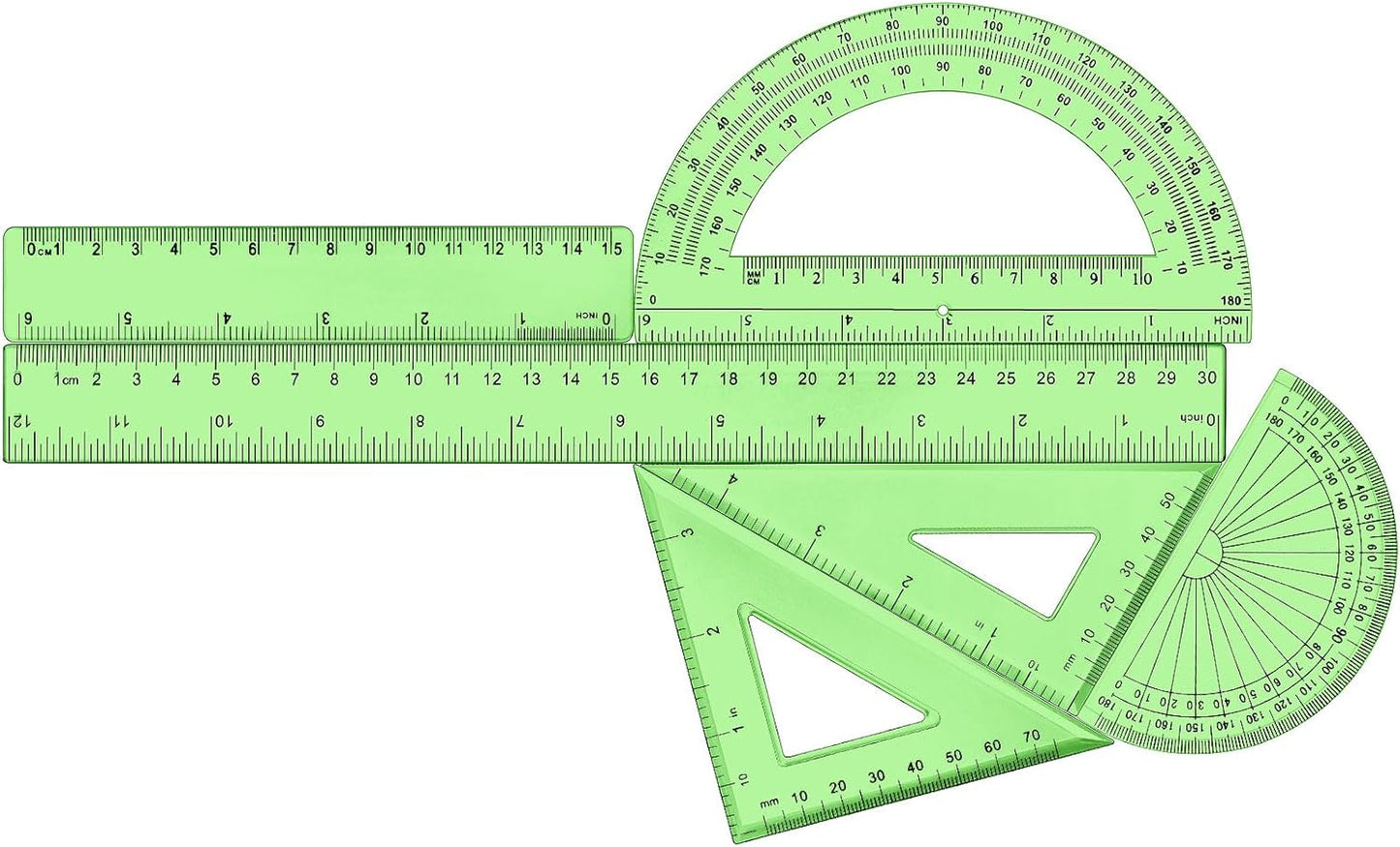 Tenare 1 Set Plastic Clear Math Set Includes Protractor Triangle Rulers 12 Inch 6 Inch Straight Geometry Math Transparent Ruler Measuring Tool for School Office Home Supplies (Green)
