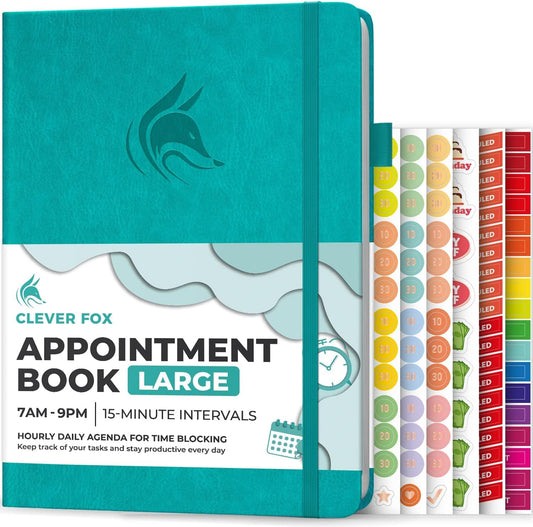Clever Fox Appointment Book – Hourly Schedule Planner with 15-Minute Increments – Time Box Planner for Daily Work & To-Dos – Weekly & Monthly Spreads, Undated, Hardcover, 8.3x11″ (Turquoise)