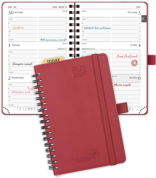 POPRUN Pocket Planner 2025-2026 (Purse Size 4'' x 6.25'') Academic Small Calendar (July 2025 - June 2026) with Hourly Time Slots, 100GSM Thick Papers, Spiral Leather Cover - Burgundy Red