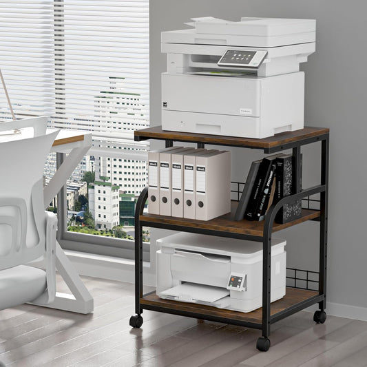 Lerliuo Large Printer Stand with Storage, 23.6"W x 18.9"D x 30.2"H, 5-Adjustable Shelf Heights Mobile 3 Tier Table with Lockable Wheels, Industrial Rolling Printer Cart, Brown Stands for Home Office