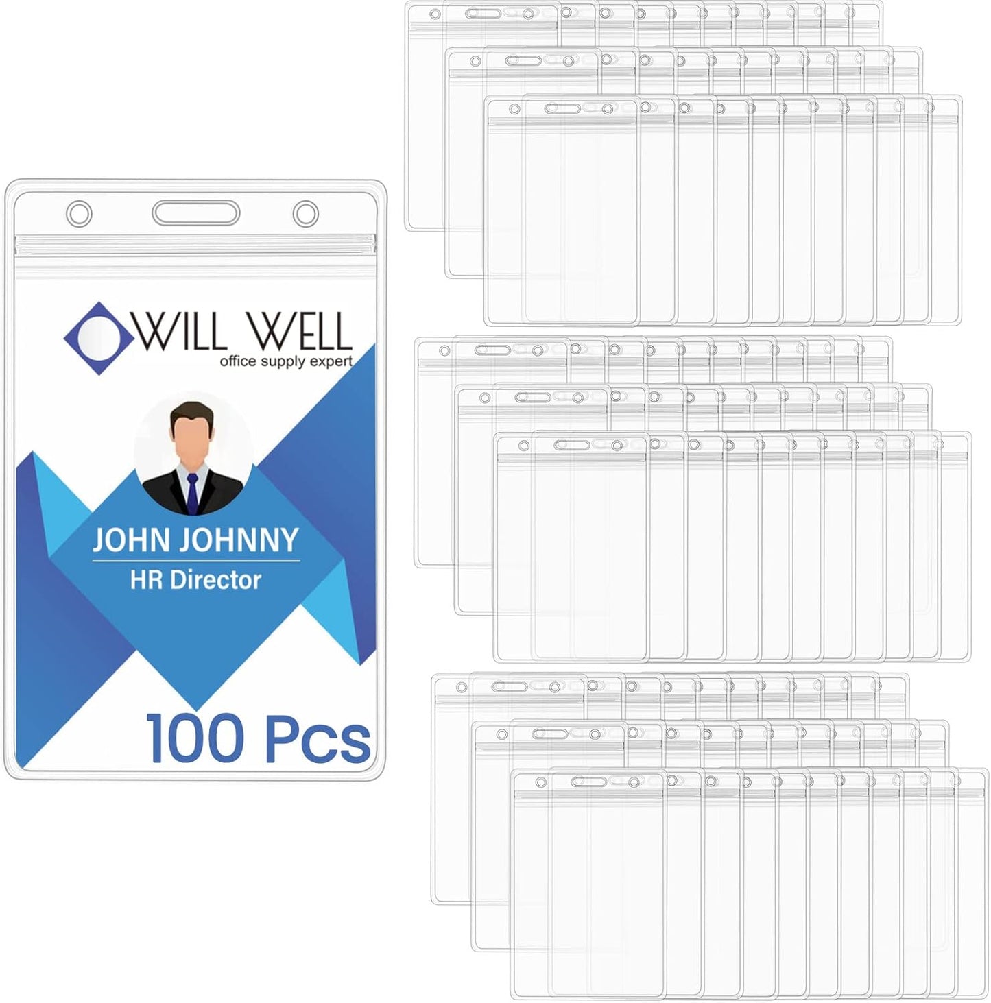 Will Well ID Badge Holders with Holes for Lanyards and Keyrings - Vertical Clear Plastic 2.6" x 3.7" Inner Size Sleeves Fit Up to 3 Cards, 0.8mm Thick Waterproof Resealable Zip Type - 100-Pack