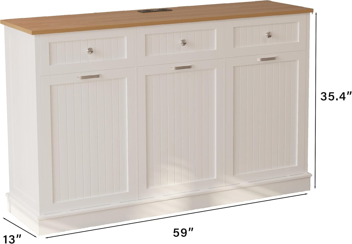 30 Gallon Tilt Out Trash Cabinet, Wooden Kitchen Trash Can Cabinet with Hideaway Drawer, Freestanding Laundry Hamper Garbage Recycling Cabinet on Wheels, Pet Proof, Triple, White