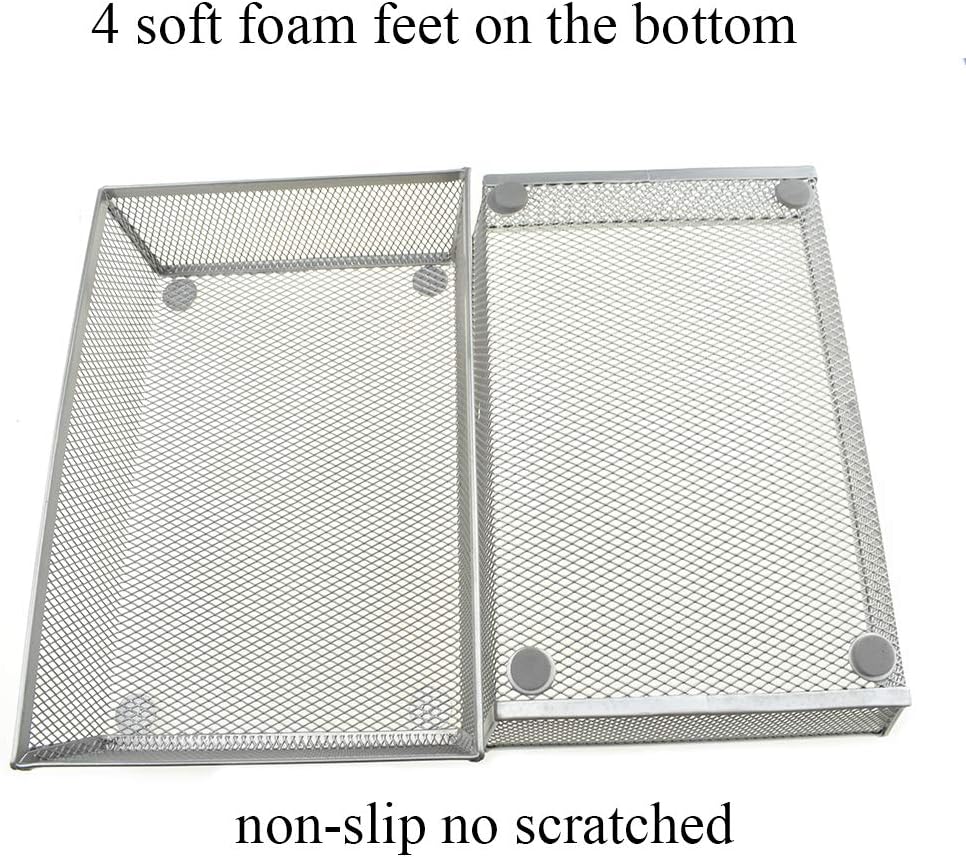 HAHIYO Stackable Mesh Tray Cup 9 x 6 x 2 inches Sturdy Container for Desk Drawer Organizer Collection for Home Office School kitchen Soft Foam Feet No Sharp Edges 1 Pack Silver