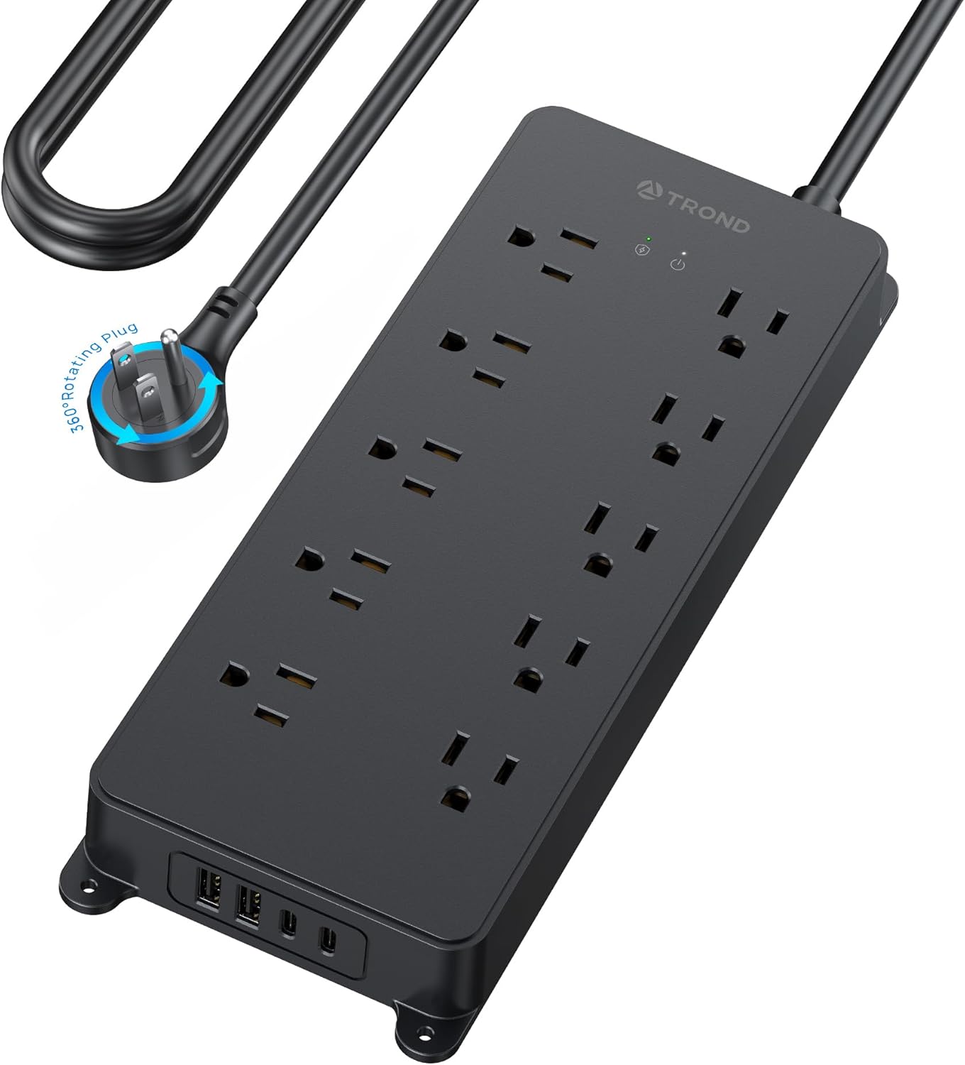 TROND Power Strip Surge Protector with 360° Rotating Flat Plug, 15ft Long Extension Cord, 4000J, ETL Listed, 10 Widely Spaced Outlets, 2 USB A and 2 USB C, Wall Mountable, for Home Office, Black