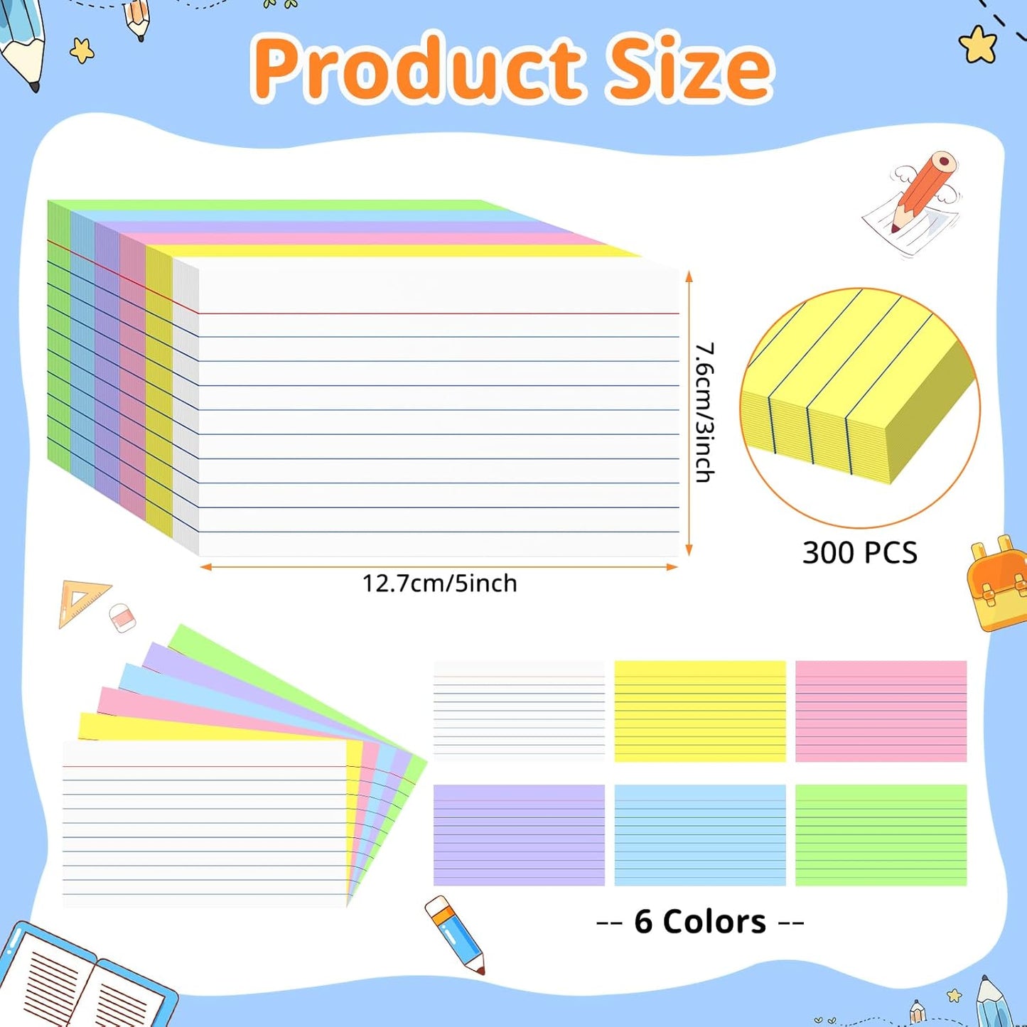 Index Cards 3 X 5, 300 Count, Colored Flash Cards For Studying, Lined Flashcards Notecards, Study Card, Ruled Front And Blank Back, Heavy Note Cards For Office, Home And School