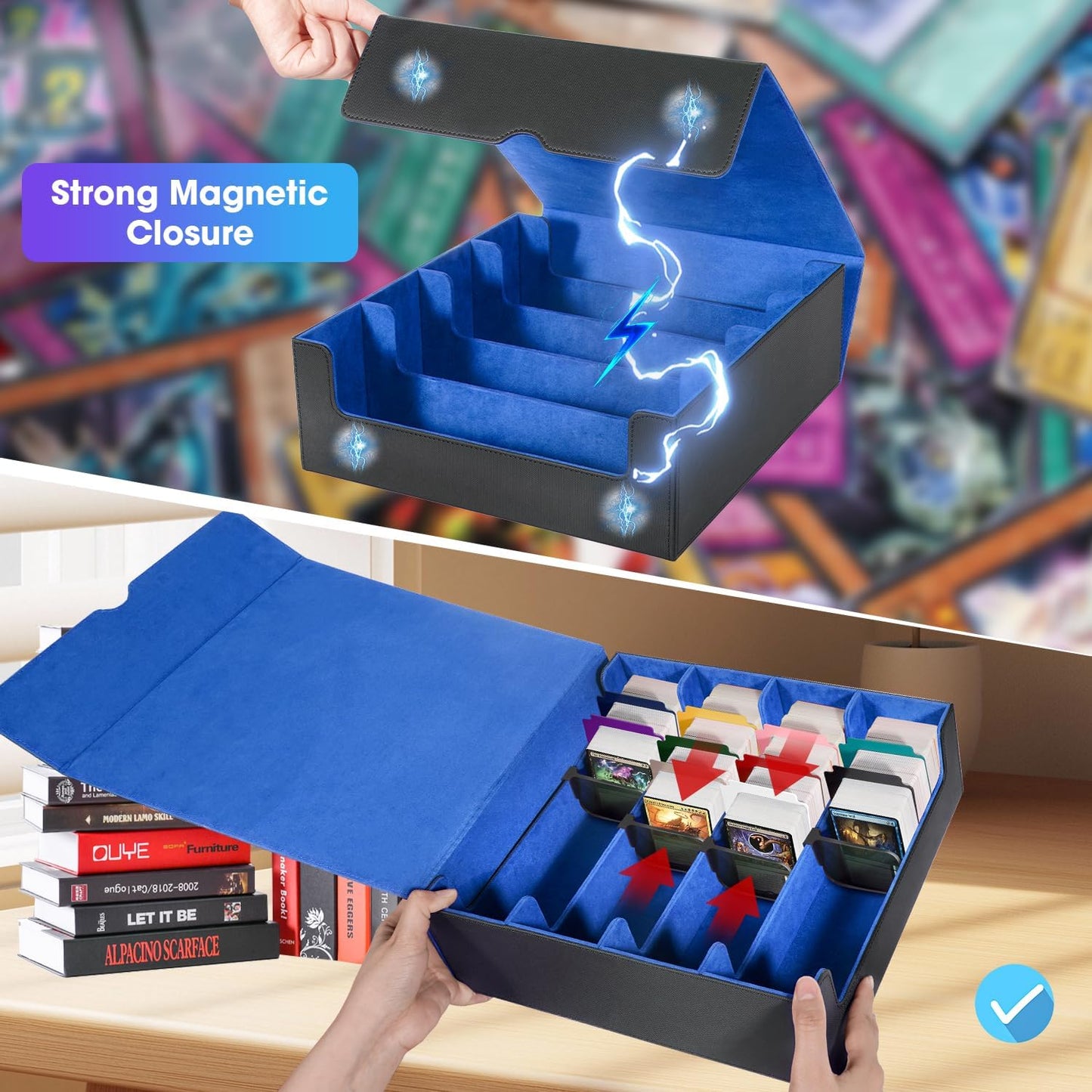 Card Organizer Box, 3000+Trading Card Storage Box, PU Leather Card Organizer Box With 24 Dividers, Magnetic Closure, 4 Supporters, Card Holder Box For Game Sports Card,Blue