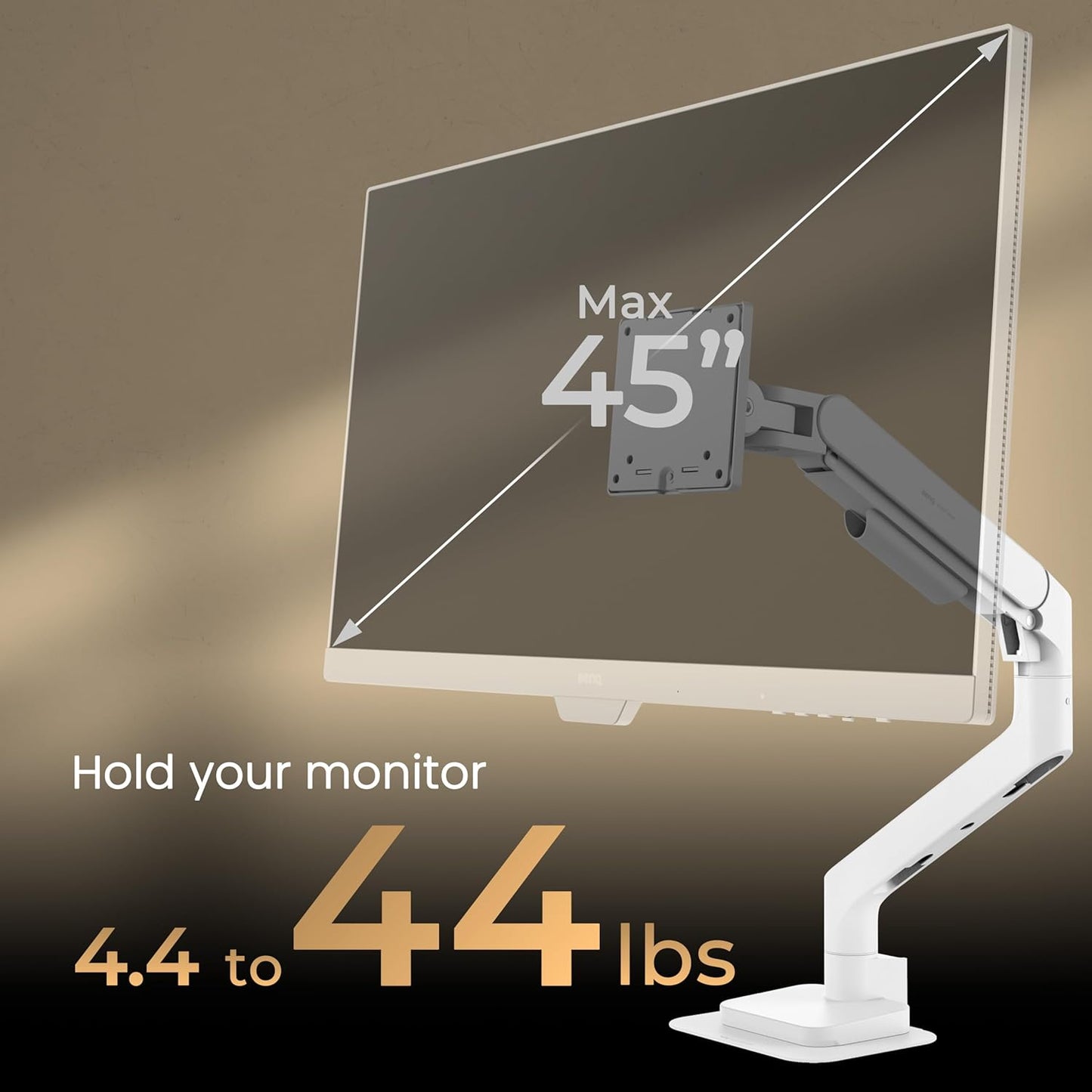 BenQ BSH02 Ergo Monitor Arm -Gas Spring Monitor Stand for Up to 45'' & 44lbs Screens, Heavy Duty, Quick Installation, No Sagging, Top Clamp and Grommet Base, Reinforcement Plate, VESA 75x75 &100x100mm