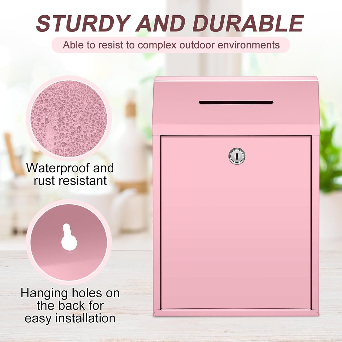 Metal Donation Cash Box Collection Safe Suggestion Box with Lock Wall Mounted Mailbox Delivery Ballot Container for Home Office Outdoor Door(Pink,11.8 x 8.6 x 4.7 Inch)
