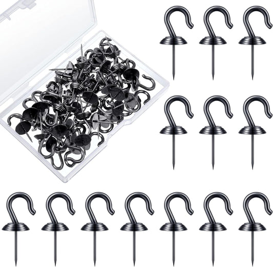 Hotop 60 Pieces Push Pin Wall Hooks Metal Thumb Tack Hangers Iron Alloy Nail Decorative Picture Hooks for 20 Lbs Home Office School Party Supply (Black)