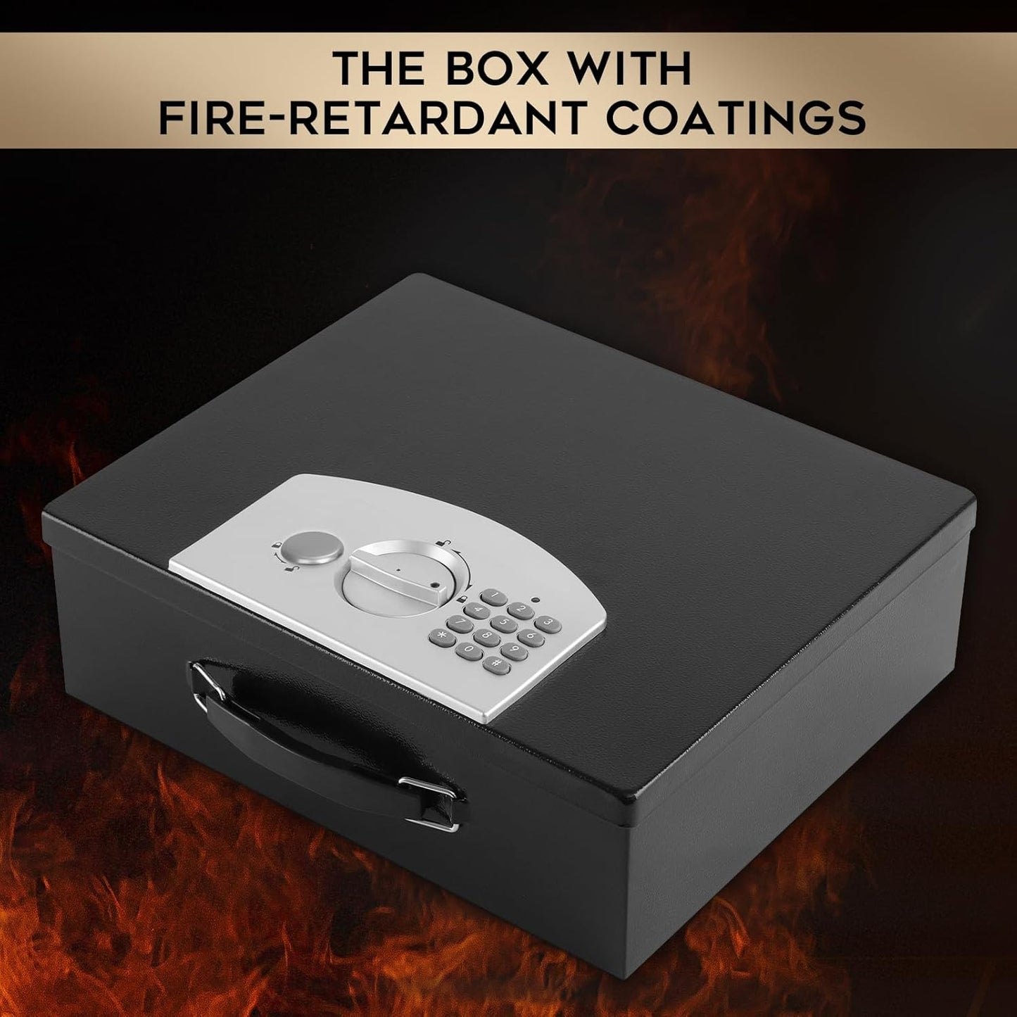 Dalmbox Portable Metal Safe Box with Digital Code Lock,Fire Resistant Storage for Documents, Fireproof Safe Box, Car, Home, Office and Outside, Black Box,Large