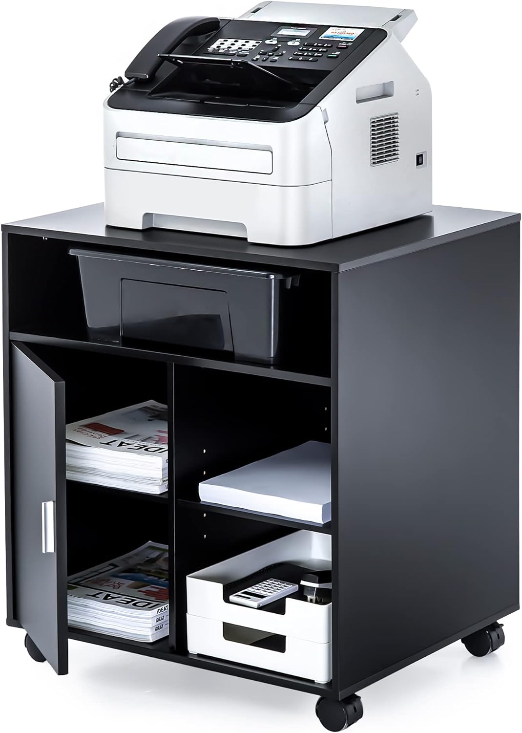 FITUEYES Printer Stand with Storage Adjustable Shelves, Wood Mobile Cart with Door, Rolling File Cabinet on Wheels for Home Office, Black, PS406001WB