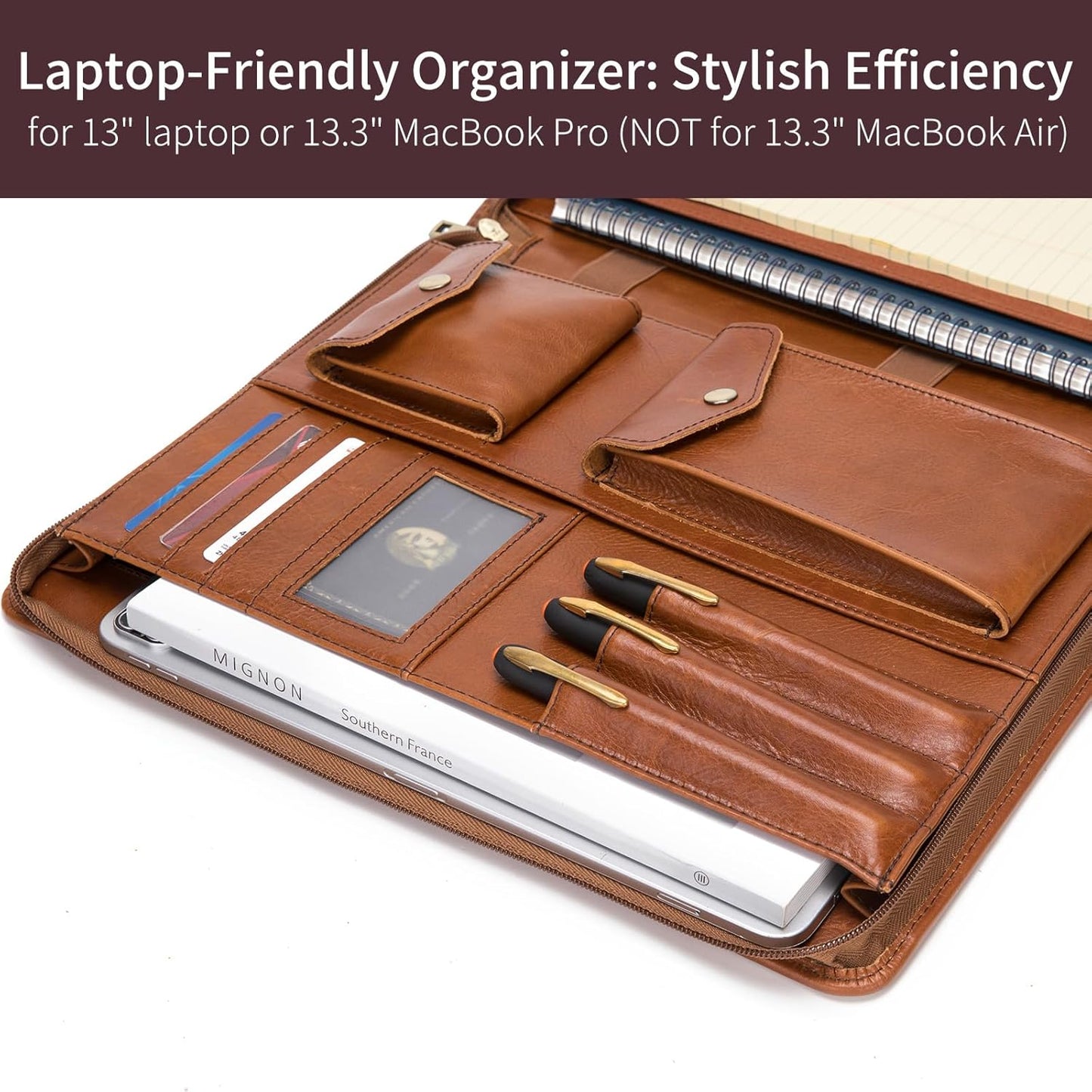 Genuine Leather Portfolio with Hidden Handle, Zippered Front Pocket, Business Padfolio for Men and Women, 8.5 x 11 Legal Pad Notebook Holder, Office Letter Notepad Folio, Oil Tanned