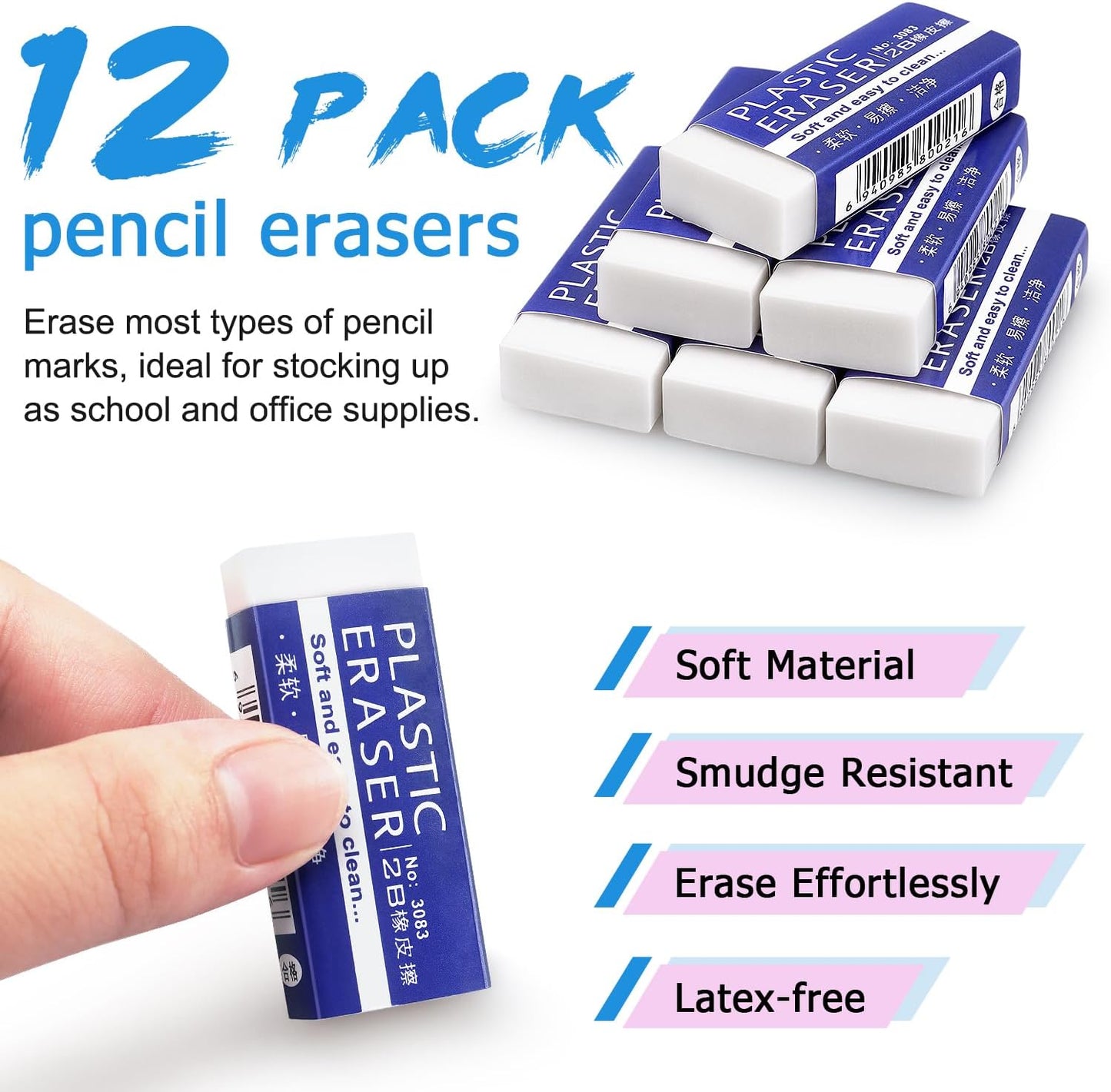 Tamaki 12 Pack Erasers, Large White Eraser for School Office, Art Erasers for Drawing