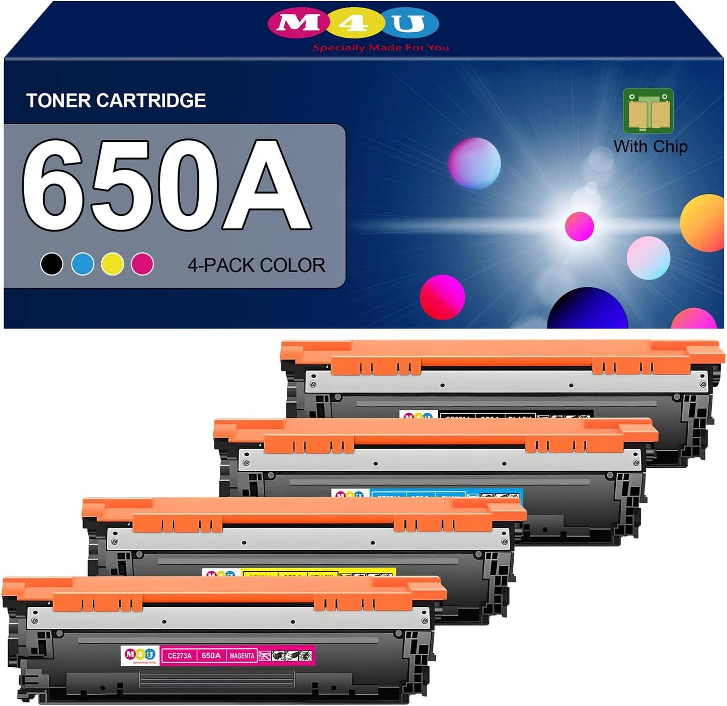 650A Toner Cartridges(with Chip) 4 Pack Compatible with 650A Toner Cartridges CE270A CE271A CE272A CE273A for Enterprise CP5525 CP5520 M750 Printer (Black Cyan Magenta Yellow)